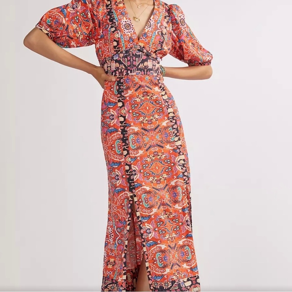 Anthropologie Boho Floral Maxi Dress in Red Motif Sz 2